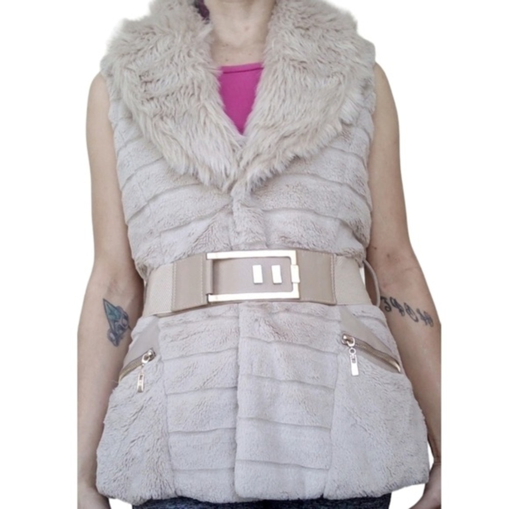Vintage cream beige plush faux fur belted blingy vest size small